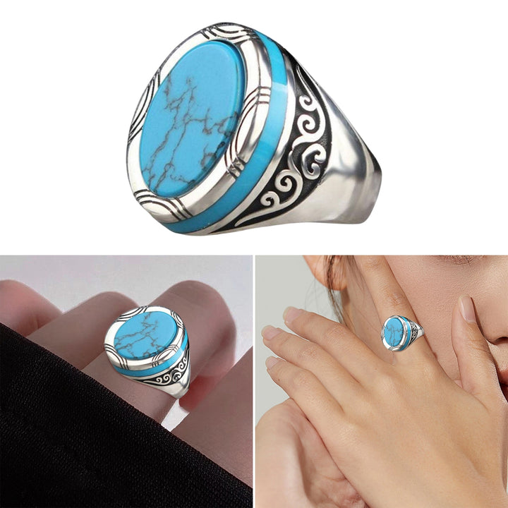 Electroplating Polishing Wide Men Ring Punk Retro Carved Pattern Faux Turquoise Ring Jewelry Accessories Image 6