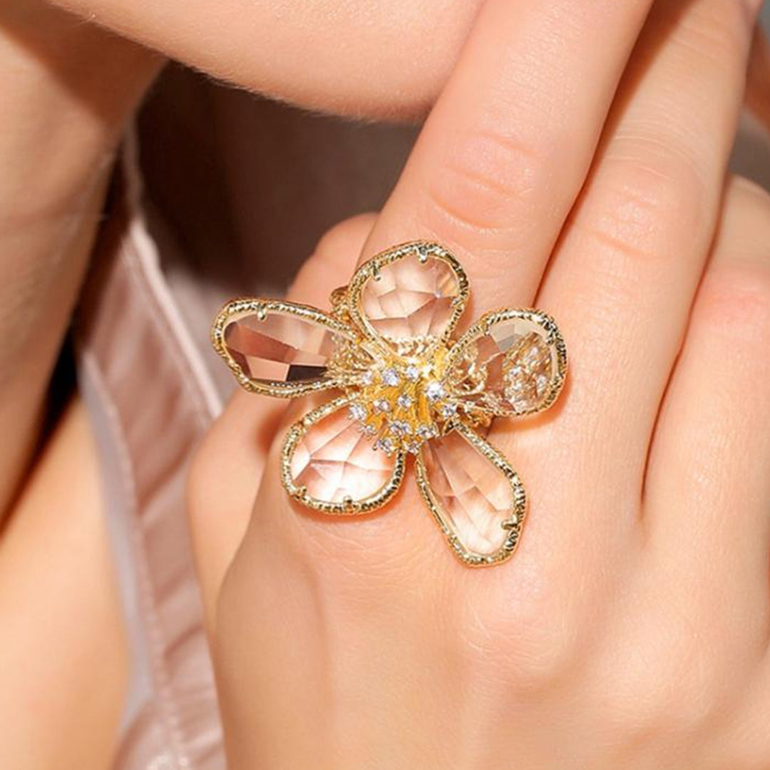 Women Ring Clear Rhinestones Opening Adjustable Colorful Big Petal Party Trendy Ring Jewelry Accessories Image 11