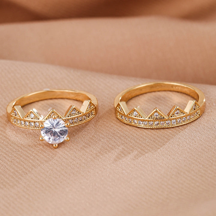 2Pcs/Set Women Ring 2 in 1 Detachable Dainty Gift Rhinestone Inlaid Crown Men Finger Ring Fashion Jewelry Image 4