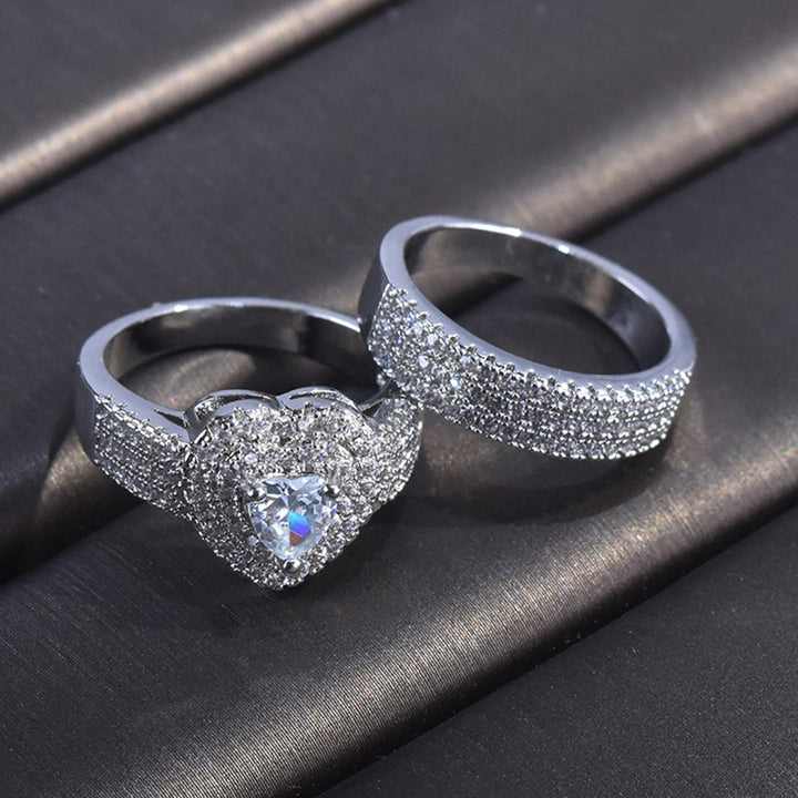 2Pcs/Set Bridal Rings Rhinestone Shiny Luxury Geometric Exquisite Jewelry Gift Charming Lover Heart Shape Promise Rings Image 3
