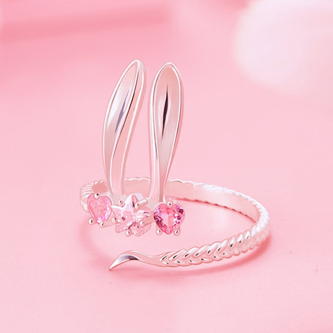 Women Ring Opening Cute Sweet Valentines Day Gift Pink Rhinestone Embedded Rabbit Finger Ring Fashion Jewelry Image 2