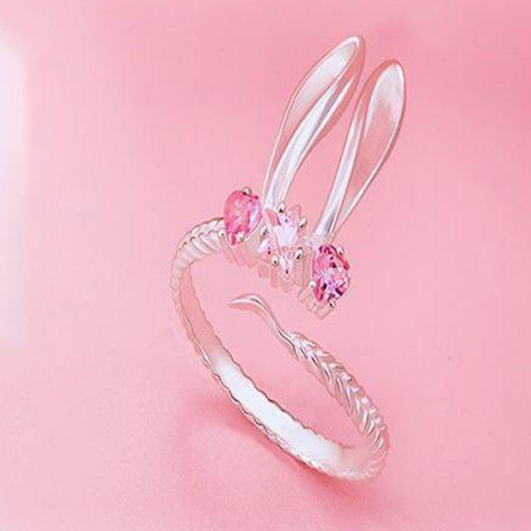 Women Ring Opening Cute Sweet Valentines Day Gift Pink Rhinestone Embedded Rabbit Finger Ring Fashion Jewelry Image 3