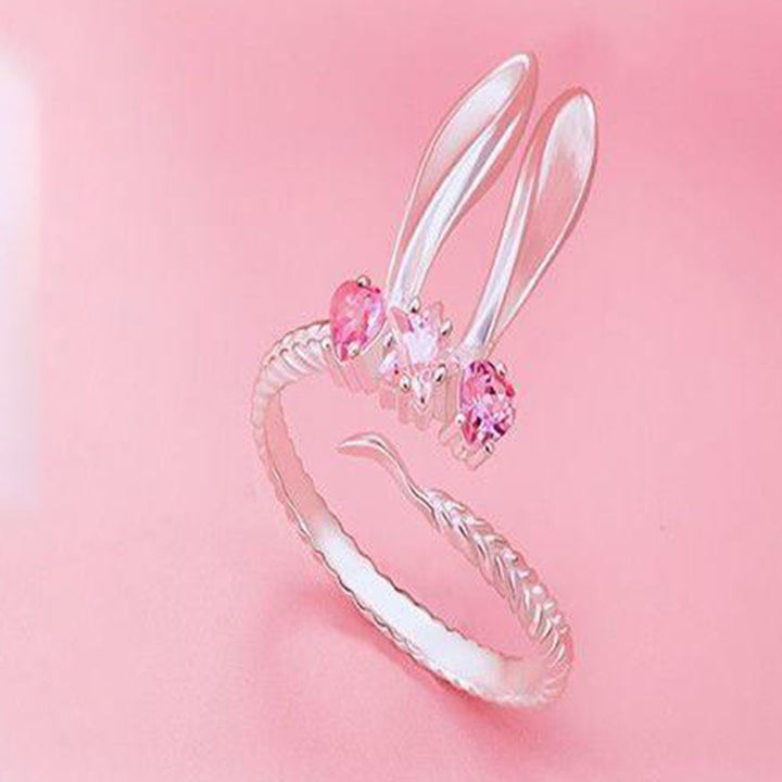 Women Ring Opening Cute Sweet Valentines Day Gift Pink Rhinestone Embedded Rabbit Finger Ring Fashion Jewelry Image 3