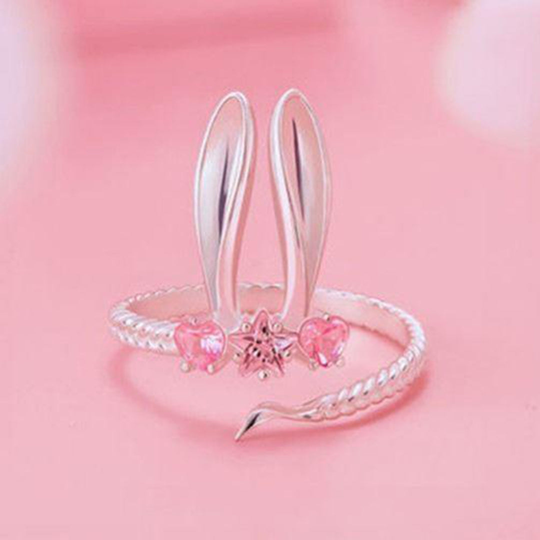 Women Ring Opening Cute Sweet Valentines Day Gift Pink Rhinestone Embedded Rabbit Finger Ring Fashion Jewelry Image 4