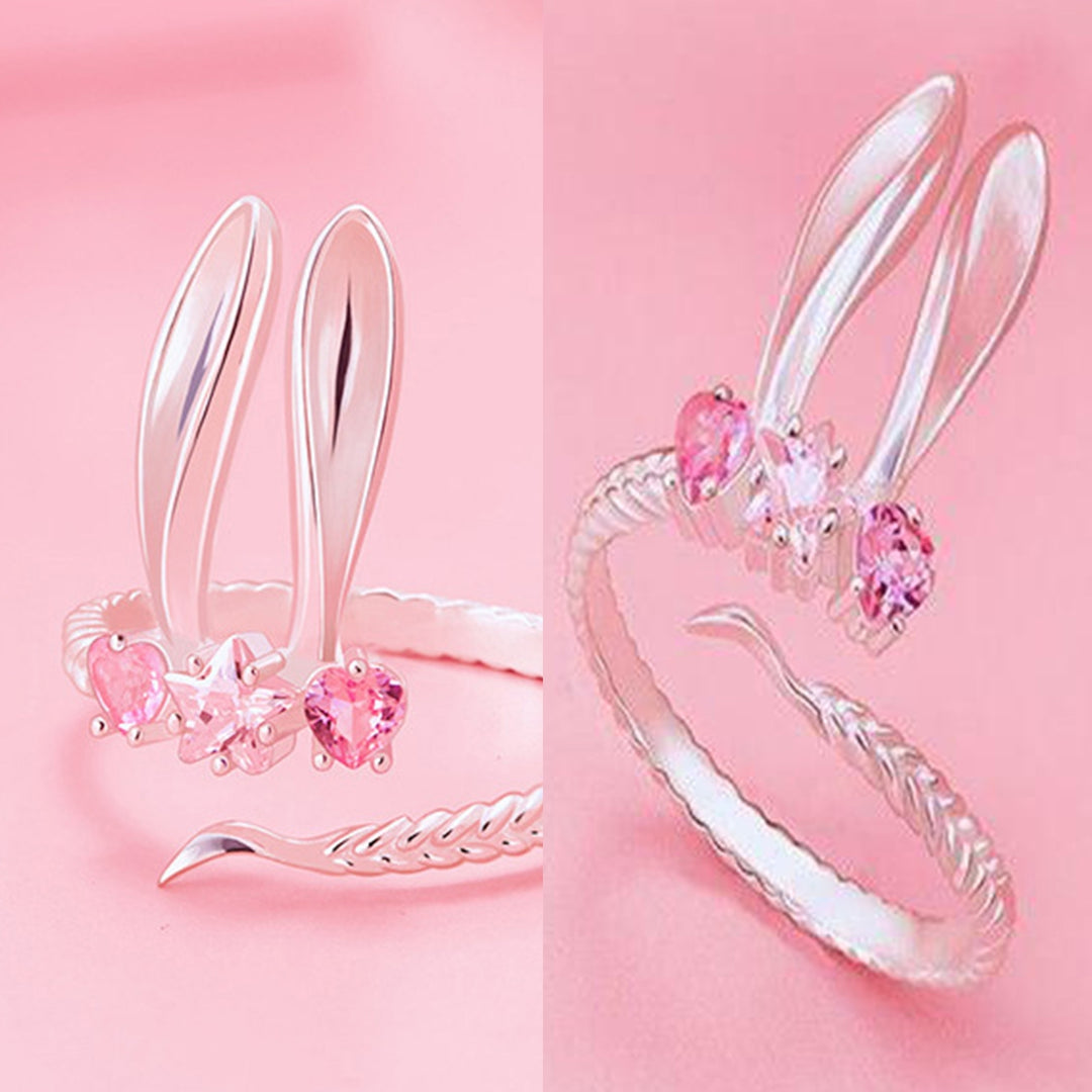 Women Ring Opening Cute Sweet Valentines Day Gift Pink Rhinestone Embedded Rabbit Finger Ring Fashion Jewelry Image 7