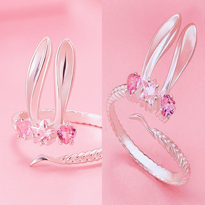 Women Ring Opening Cute Sweet Valentines Day Gift Pink Rhinestone Embedded Rabbit Finger Ring Fashion Jewelry Image 7