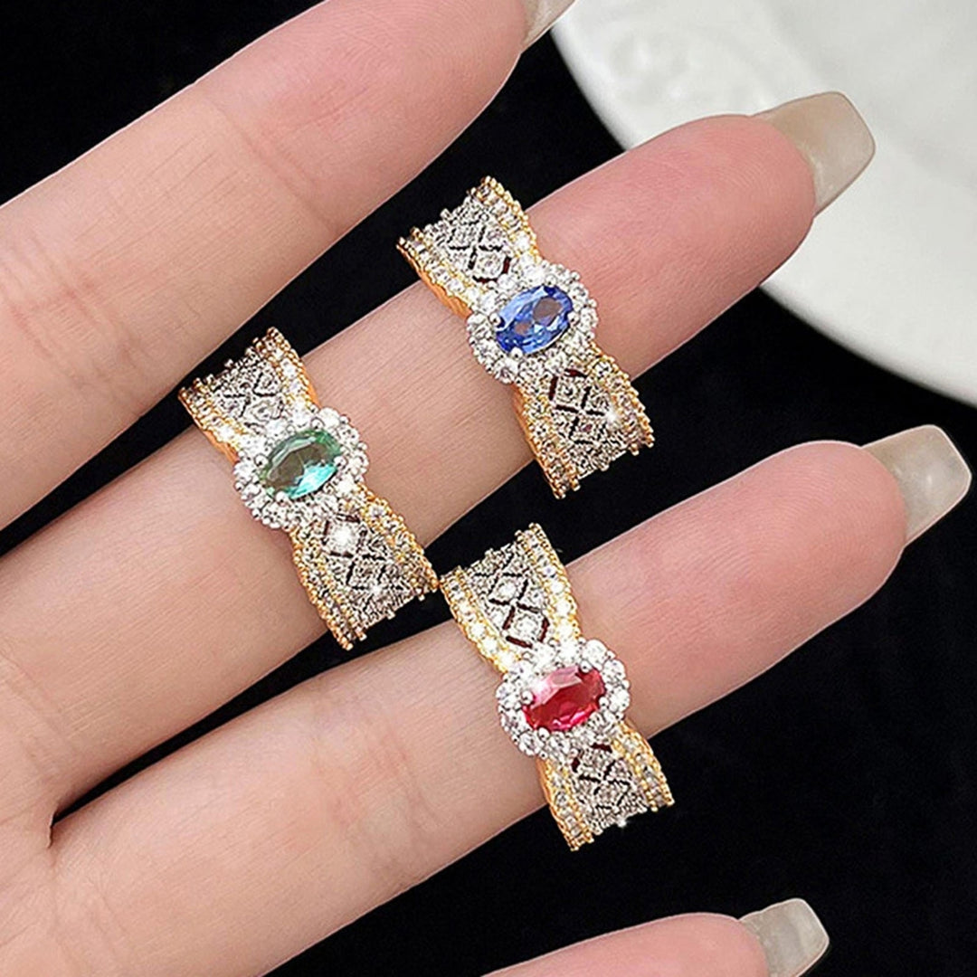 Women Open Ring Faux Emerald Rhinestone Decor Adjustable Hollow Rhombus Texture Royal Style High-end Luxury Lady Prom Image 4