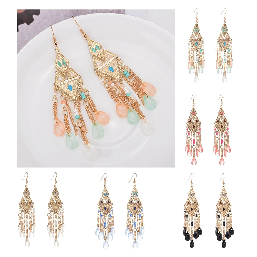 1 Pair Lady Earrings Tassel Chain Shiny Faux Crystal Drop Earrings for Prom Image 1