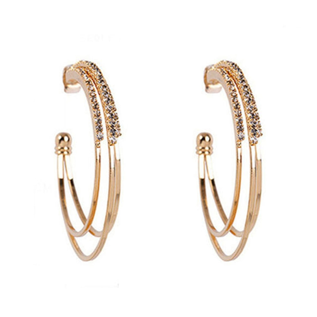 1 Pair Hoop Earrings Round Exquisite Shiny Rhinestone C Shape Three-layer Women Earrings Female Accessory Image 2