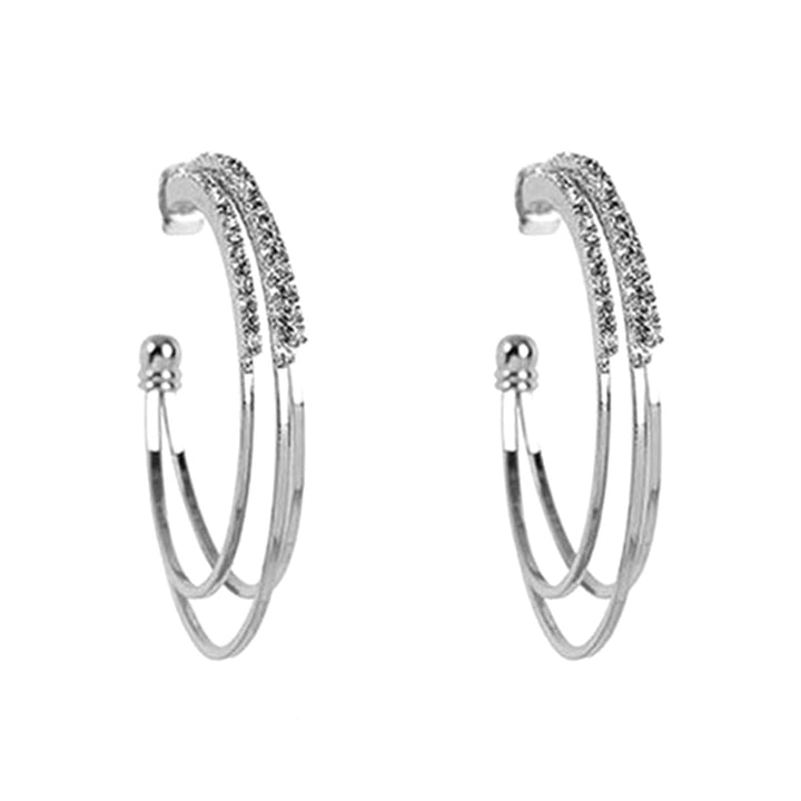 1 Pair Hoop Earrings Round Exquisite Shiny Rhinestone C Shape Three-layer Women Earrings Female Accessory Image 3