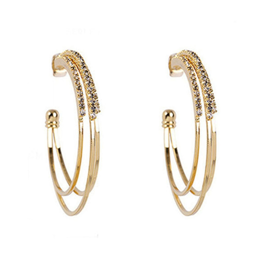 1 Pair Hoop Earrings Round Exquisite Shiny Rhinestone C Shape Three-layer Women Earrings Female Accessory Image 4