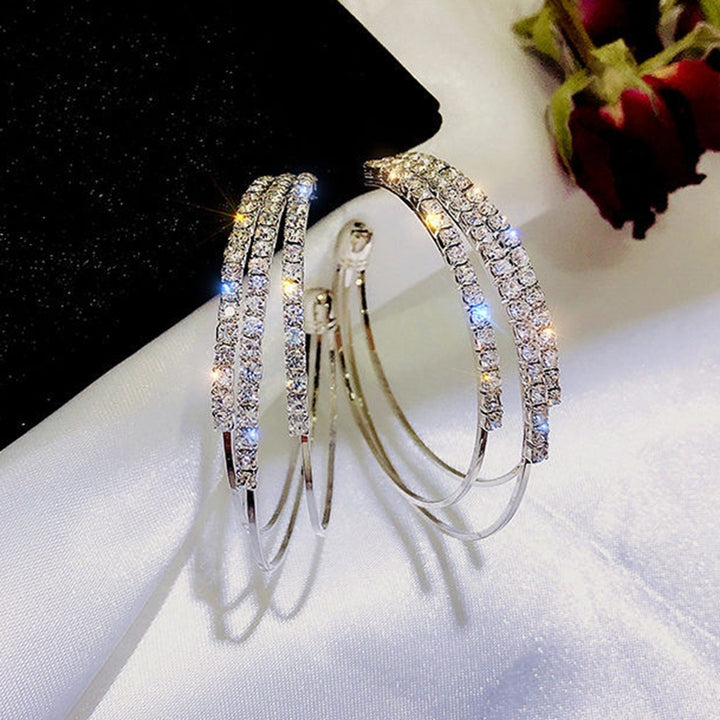 1 Pair Hoop Earrings Round Exquisite Shiny Rhinestone C Shape Three-layer Women Earrings Female Accessory Image 6