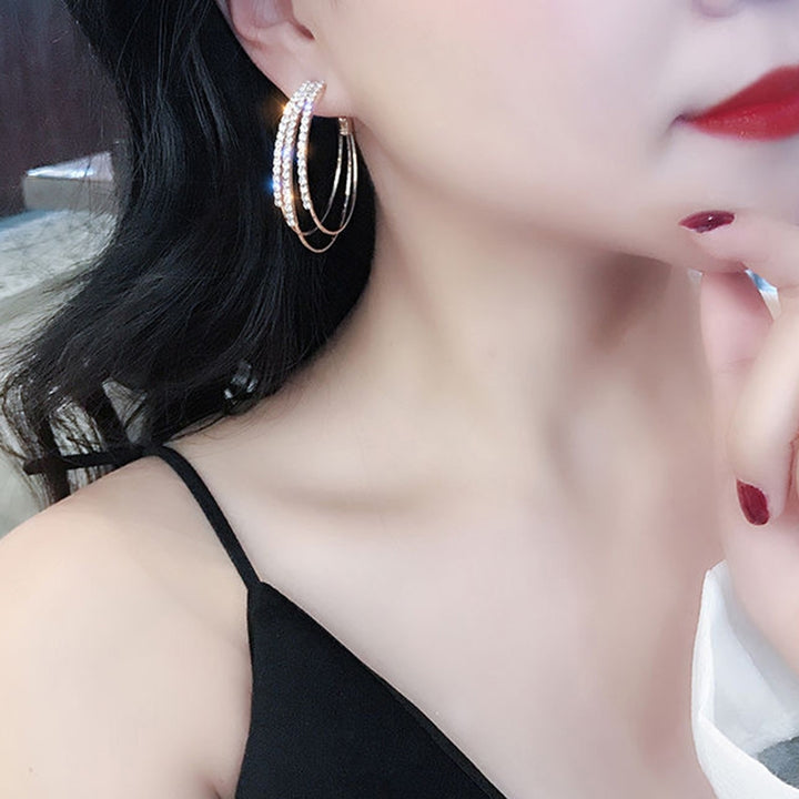 1 Pair Hoop Earrings Round Exquisite Shiny Rhinestone C Shape Three-layer Women Earrings Female Accessory Image 7