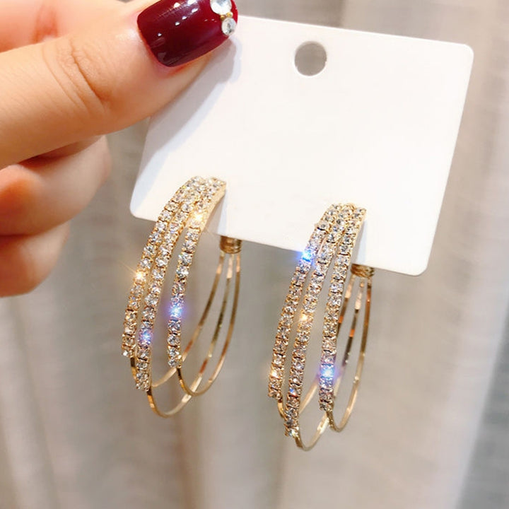 1 Pair Hoop Earrings Round Exquisite Shiny Rhinestone C Shape Three-layer Women Earrings Female Accessory Image 9
