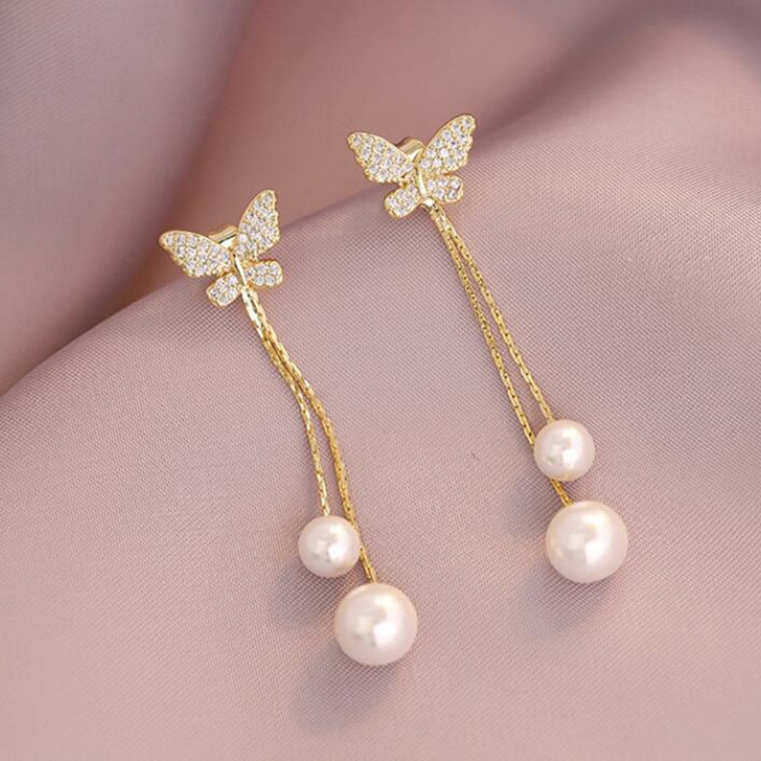 1 Pair Drop Earrings Butterflies Long Tassels Jewelry Sparkling Faux Pearls Stud Earrings for Banquet Image 1