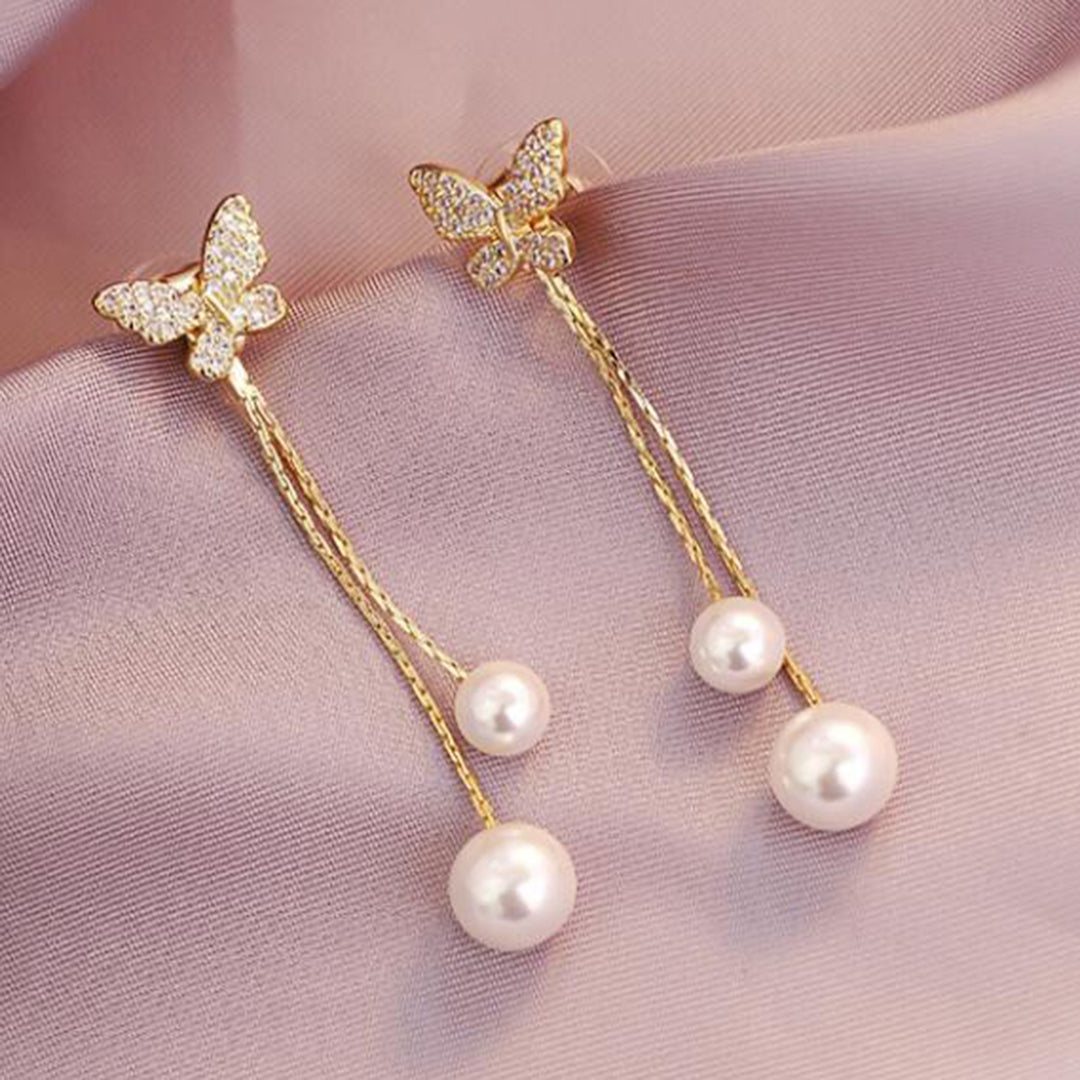 1 Pair Drop Earrings Butterflies Long Tassels Jewelry Sparkling Faux Pearls Stud Earrings for Banquet Image 4