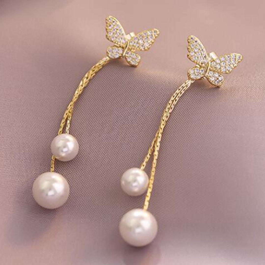 1 Pair Drop Earrings Butterflies Long Tassels Jewelry Sparkling Faux Pearls Stud Earrings for Banquet Image 7