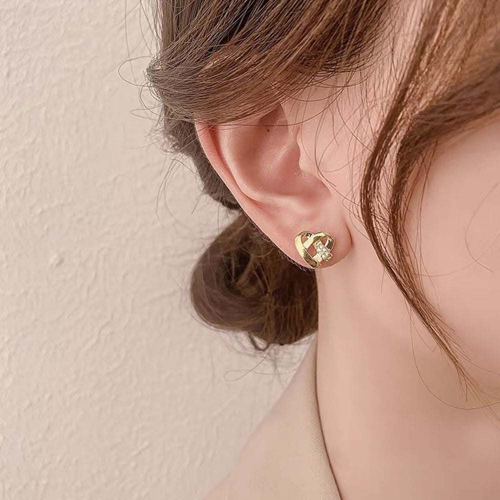 1 Pair Women Earrings Cross Shiny Rhinestone Heart Shape Stud Earrings Female Jewelry Image 2