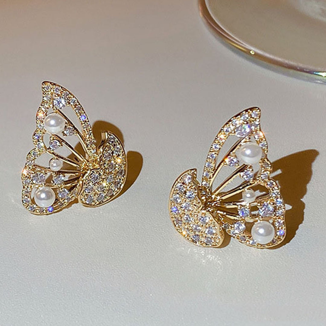 1 Pair Women Stud Earrings Individual Butterfly Shape Rhinestone Hollow Out Lady Earrings Birthday Gift Image 4