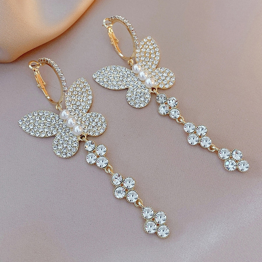 1 Pair Women Hook Earrings Exquisite Imitation Pearl Shiny Rhinestone Butterflies Shape Hanging Earrings Female Jewelry Image 1