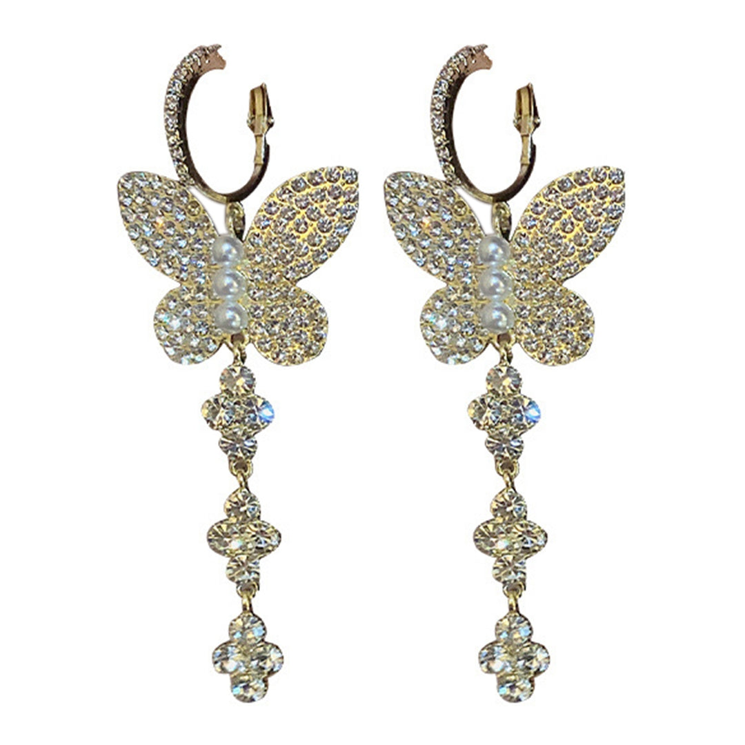 1 Pair Women Hook Earrings Exquisite Imitation Pearl Shiny Rhinestone Butterflies Shape Hanging Earrings Female Jewelry Image 4