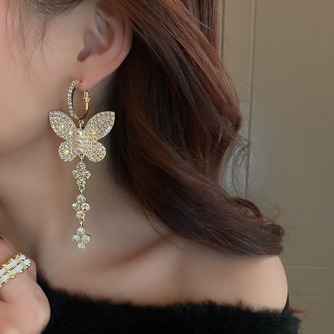 1 Pair Women Hook Earrings Exquisite Imitation Pearl Shiny Rhinestone Butterflies Shape Hanging Earrings Female Jewelry Image 7
