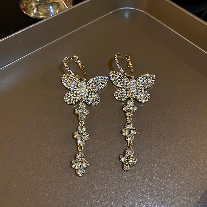 1 Pair Women Hook Earrings Exquisite Imitation Pearl Shiny Rhinestone Butterflies Shape Hanging Earrings Female Jewelry Image 8
