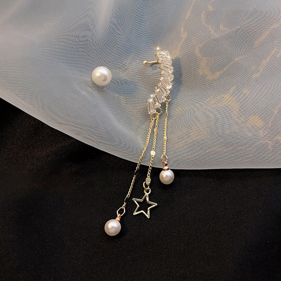 1 Pair Drop Earrings Antiallergic Decorative Glittery Asymmetric Star Pearl Tassel Earrings for Banquet Image 1