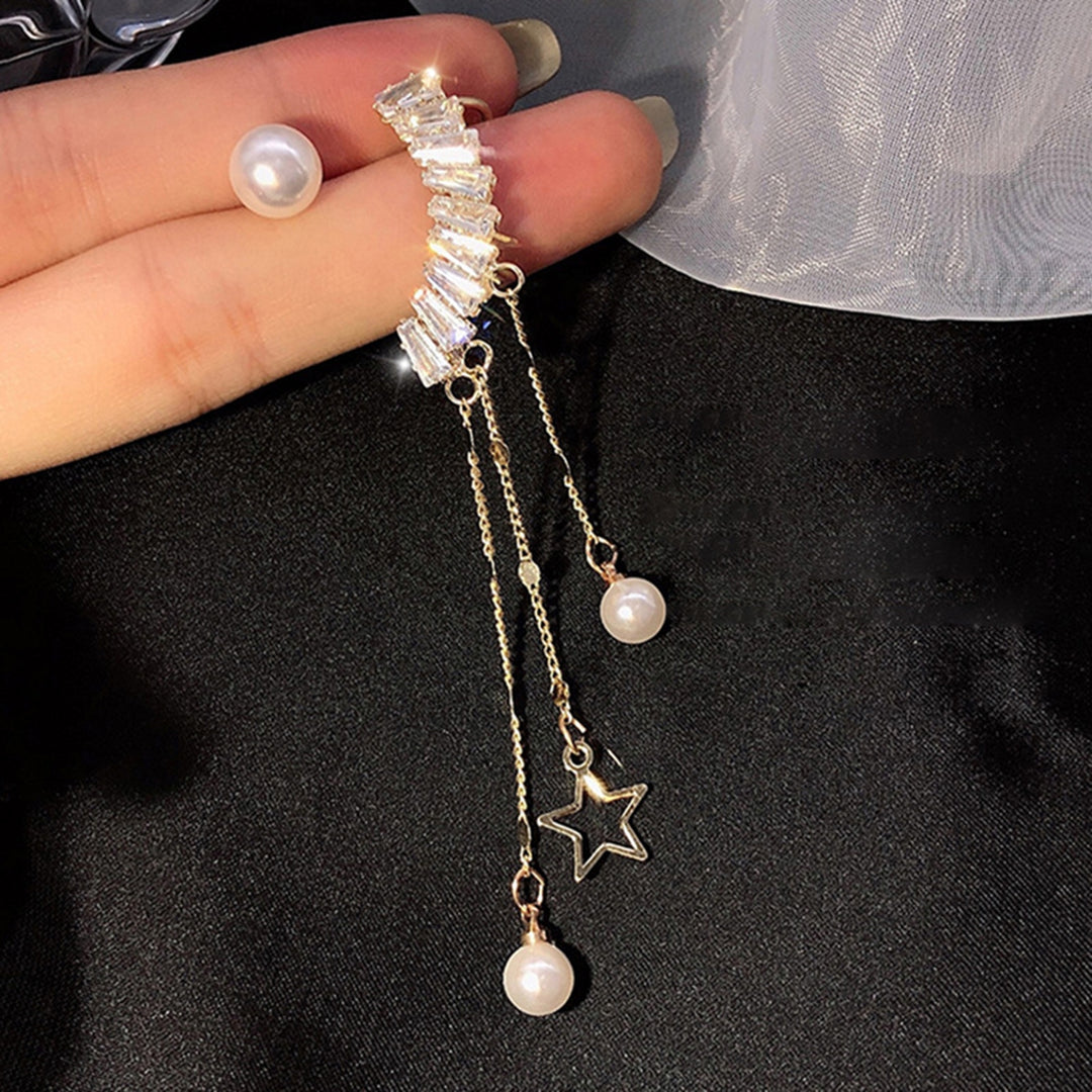 1 Pair Drop Earrings Antiallergic Decorative Glittery Asymmetric Star Pearl Tassel Earrings for Banquet Image 4