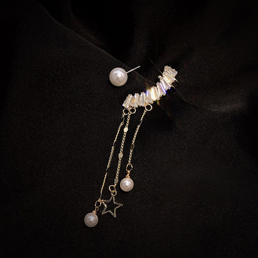 1 Pair Drop Earrings Antiallergic Decorative Glittery Asymmetric Star Pearl Tassel Earrings for Banquet Image 9