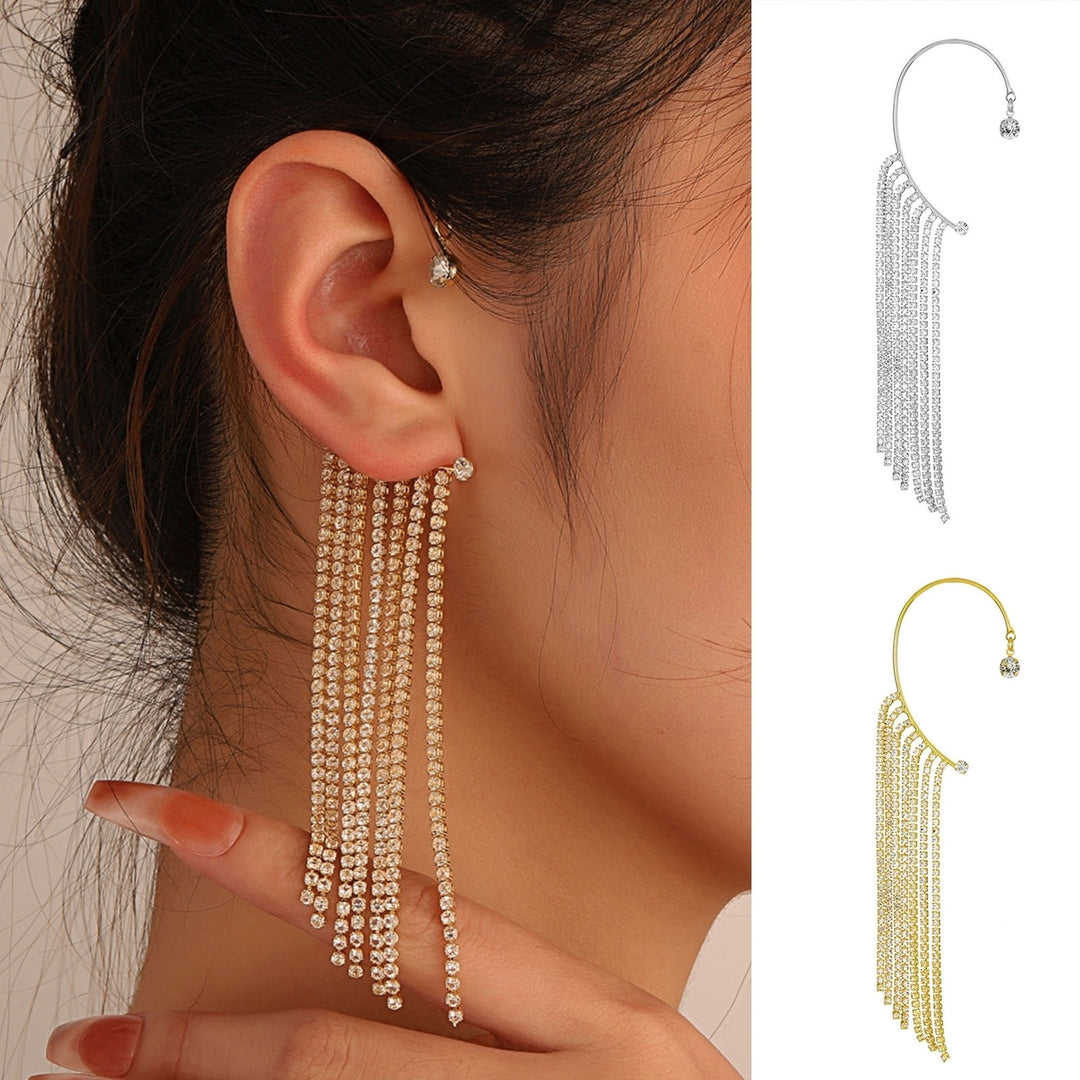 1Pc Inlaid Ear Clip C-Shape Geometric Tassel Design Clip Earring for Daily Life Image 1