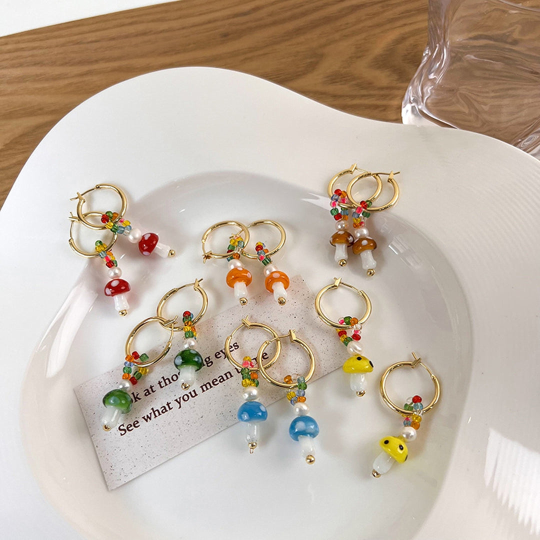 1 Pair Women Earrings Mushroom Faux Glaze Alloy Korean Style Colorful Dangle Earrings for Daily Wear Image 11