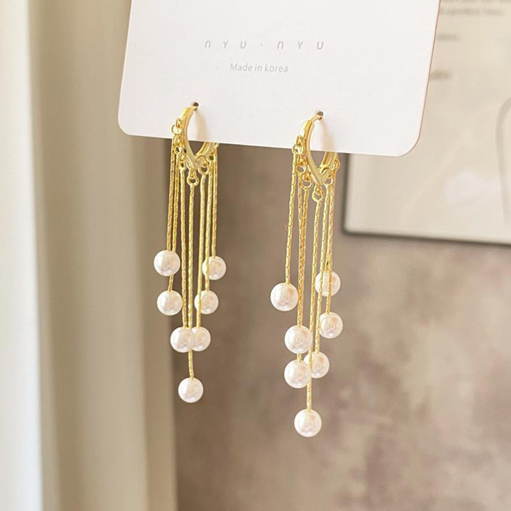 1 Pair Women Earrings Faux Pearls Tassels Jewelry Bohemian Imitation Pearls Dangle Earrings for Wedding Image 2