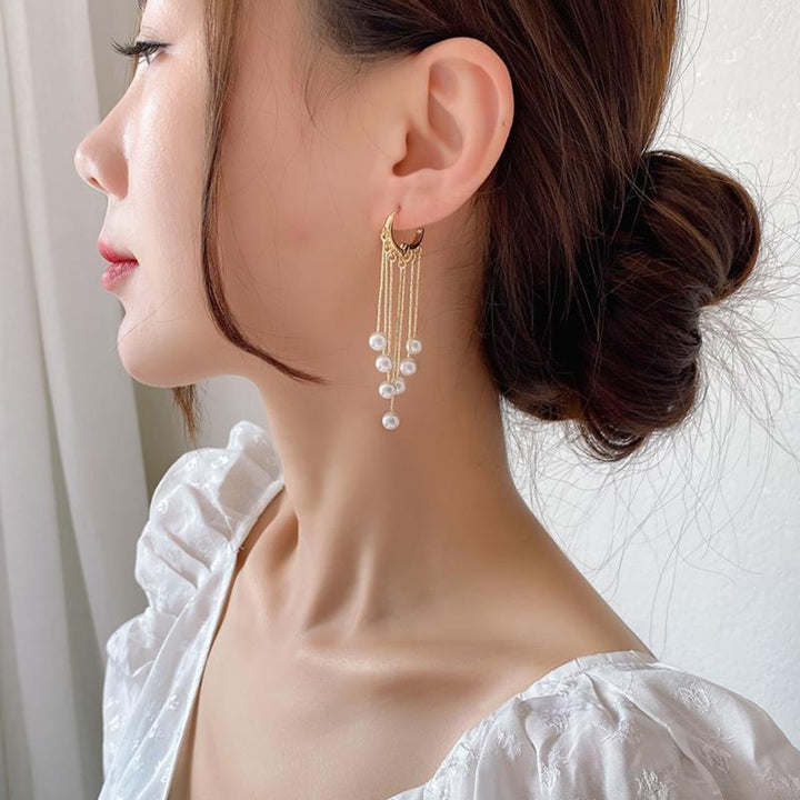 1 Pair Women Earrings Faux Pearls Tassels Jewelry Bohemian Imitation Pearls Dangle Earrings for Wedding Image 3