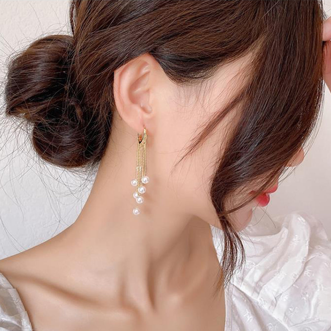 1 Pair Women Earrings Faux Pearls Tassels Jewelry Bohemian Imitation Pearls Dangle Earrings for Wedding Image 4