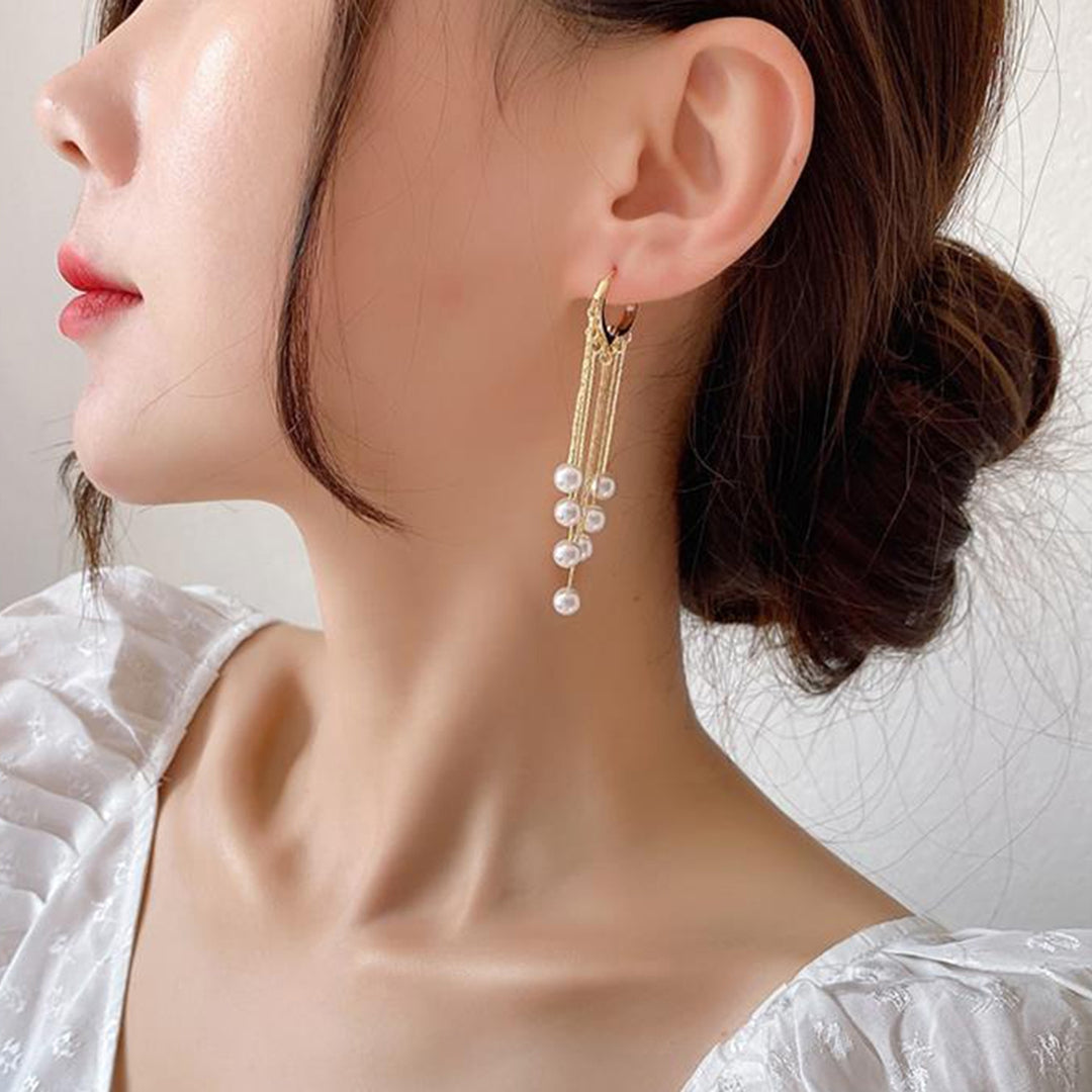 1 Pair Women Earrings Faux Pearls Tassels Jewelry Bohemian Imitation Pearls Dangle Earrings for Wedding Image 8