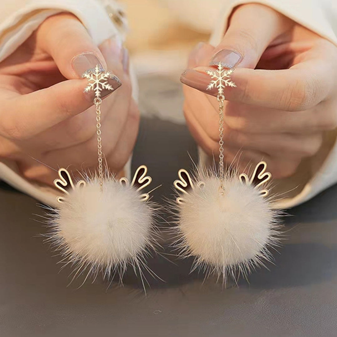 1 Pair Drop Earrings Tassel Design Spherical Elk Antlers Imitated Mink Hair Geometric Women Earrings for Dating Image 1