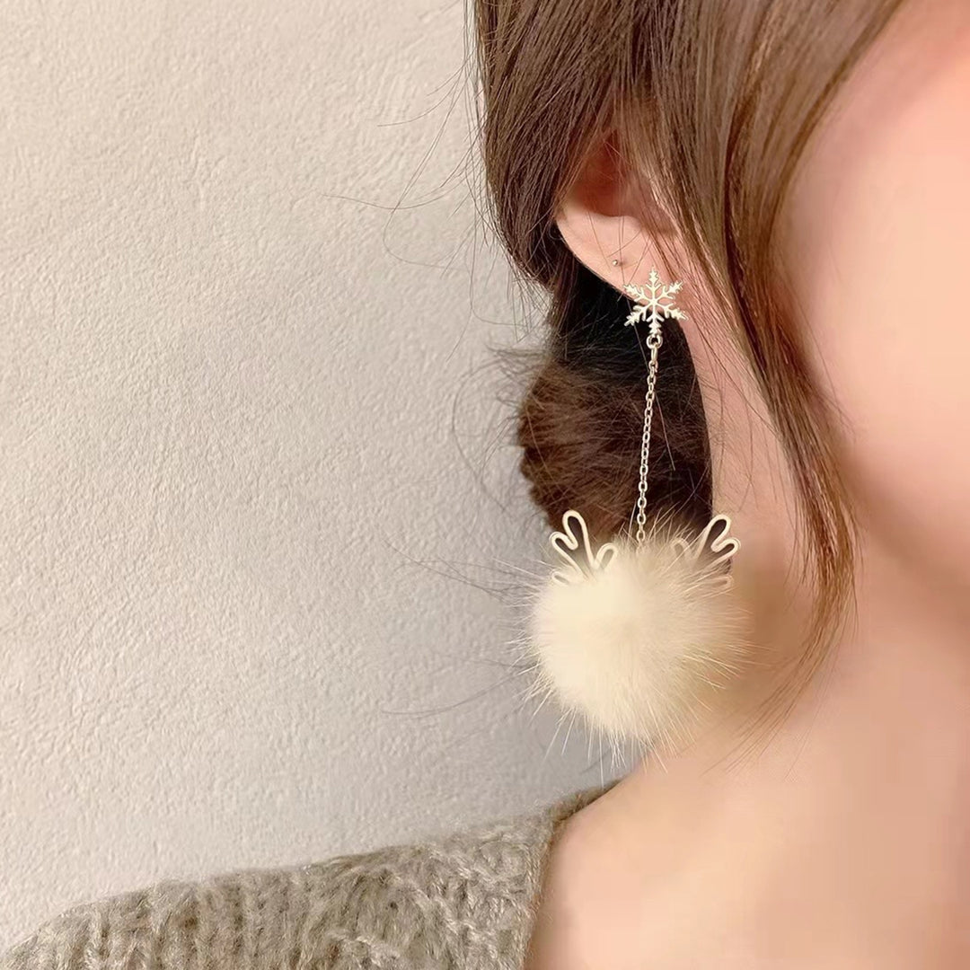 1 Pair Drop Earrings Tassel Design Spherical Elk Antlers Imitated Mink Hair Geometric Women Earrings for Dating Image 4