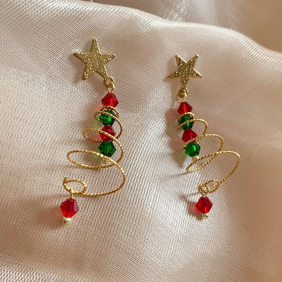 1 Pair Christmas Tree Earrings Five-pointed Star Plating Contrast Colors Jewelry Fine Texture Dangle Earrings Girls Xmas Image 1