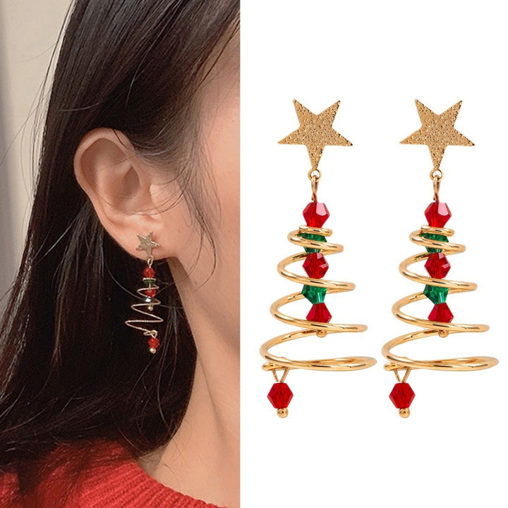 1 Pair Christmas Tree Earrings Five-pointed Star Plating Contrast Colors Jewelry Fine Texture Dangle Earrings Girls Xmas Image 2