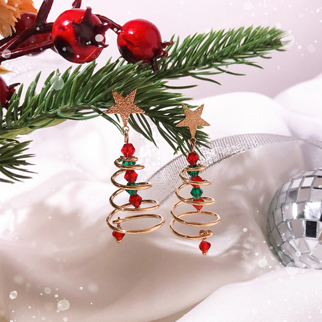 1 Pair Christmas Tree Earrings Five-pointed Star Plating Contrast Colors Jewelry Fine Texture Dangle Earrings Girls Xmas Image 3