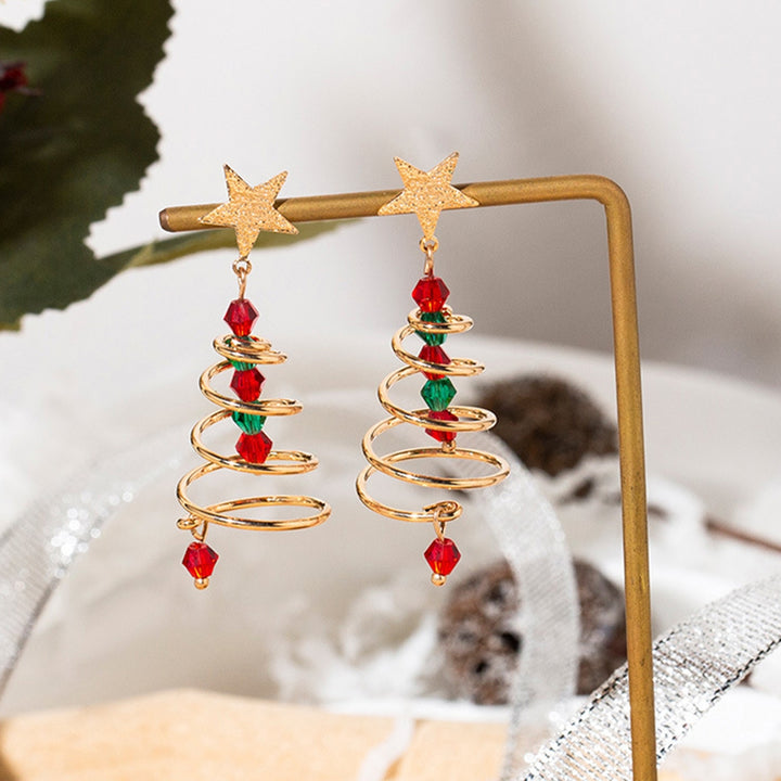 1 Pair Christmas Tree Earrings Five-pointed Star Plating Contrast Colors Jewelry Fine Texture Dangle Earrings Girls Xmas Image 4