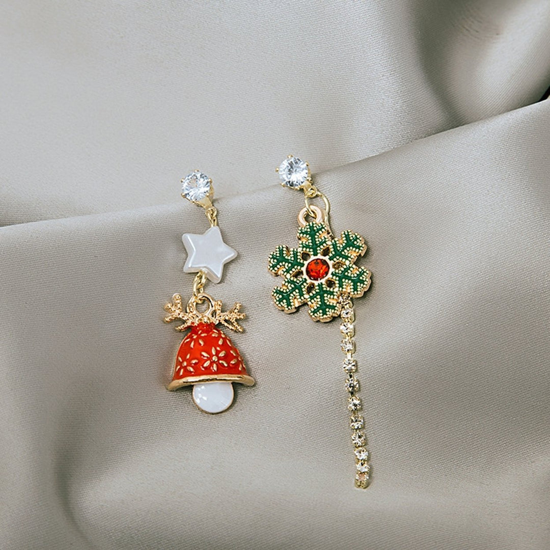 1 Pair Christmas Earrings Snowflake Bell Tassel Painted Asymmetry Sparkling Rhinestone Long Stud Earrings for Daily Wear Image 4