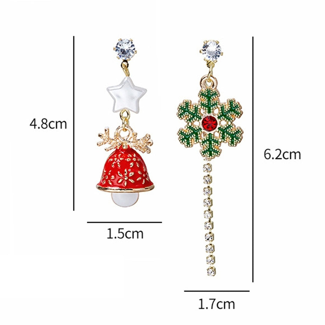 1 Pair Christmas Earrings Snowflake Bell Tassel Painted Asymmetry Sparkling Rhinestone Long Stud Earrings for Daily Wear Image 6