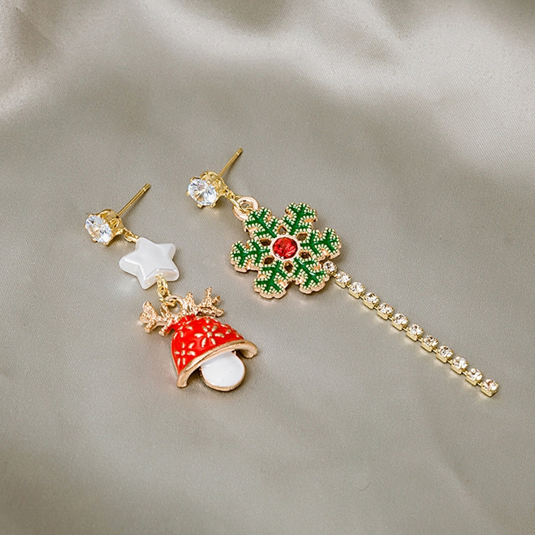 1 Pair Christmas Earrings Snowflake Bell Tassel Painted Asymmetry Sparkling Rhinestone Long Stud Earrings for Daily Wear Image 7