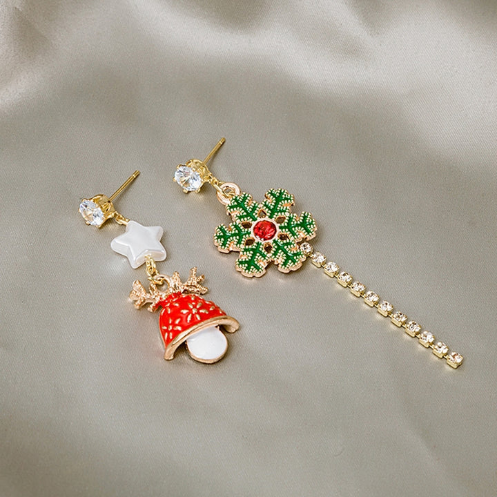 1 Pair Christmas Earrings Snowflake Bell Tassel Painted Asymmetry Sparkling Rhinestone Long Stud Earrings for Daily Wear Image 7