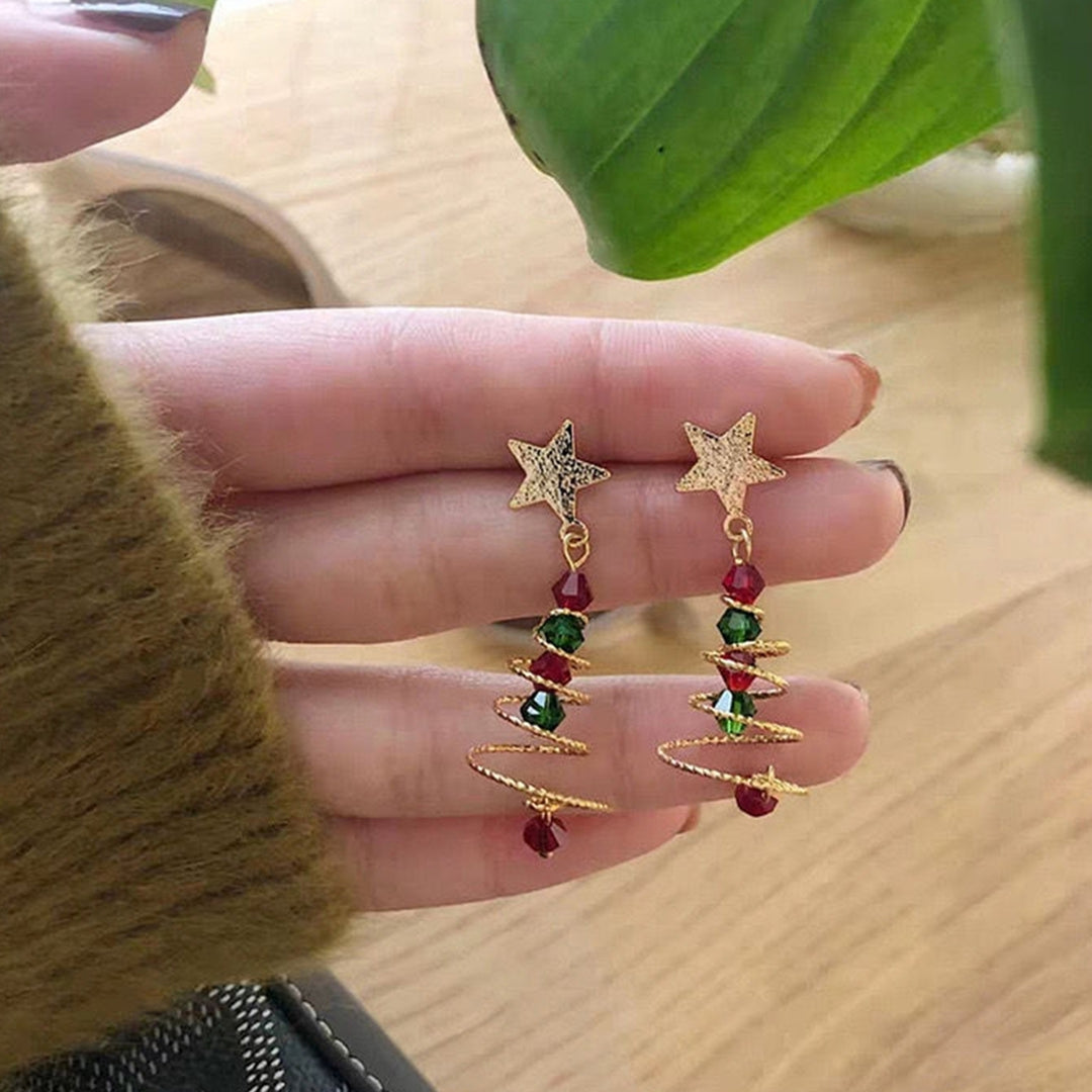 1 Pair Christmas Tree Earrings Five-pointed Star Plating Contrast Colors Jewelry Fine Texture Dangle Earrings Girls Xmas Image 12
