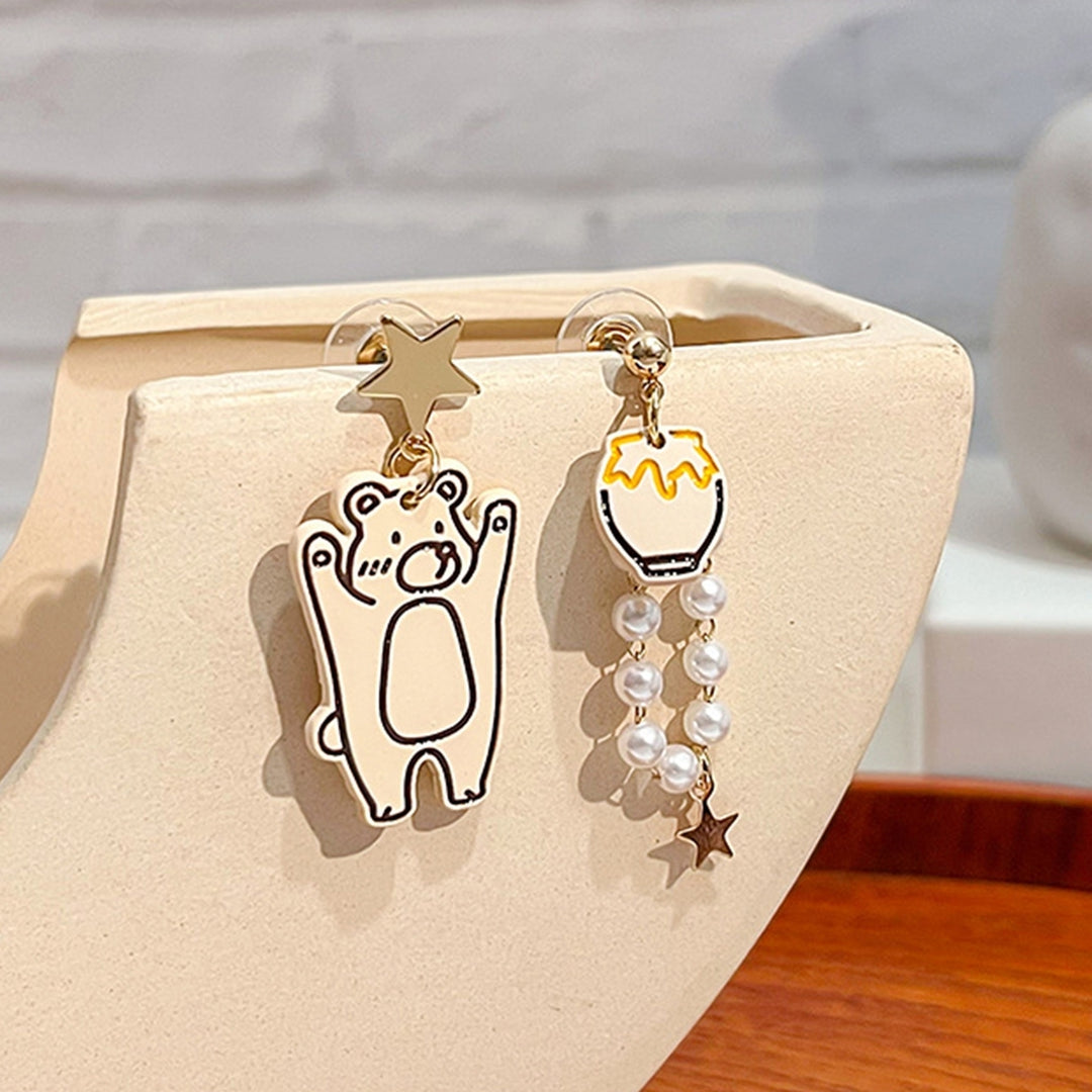1 Pair Dangle Earrings Cartoon Dissymmetry Women Faux Pearl Bear Drop Earrings Jewelry Accessories for Everyday Wear Image 1