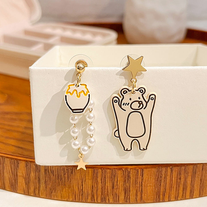 1 Pair Dangle Earrings Cartoon Dissymmetry Women Faux Pearl Bear Drop Earrings Jewelry Accessories for Everyday Wear Image 4