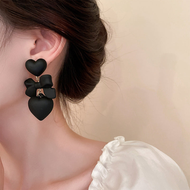 1 Pair Stud Earrings Gothic Retro Exaggerated Elegant Gift Fashion Jewelry Black Heart Bowknot Pendant Drop Earrings for Image 3